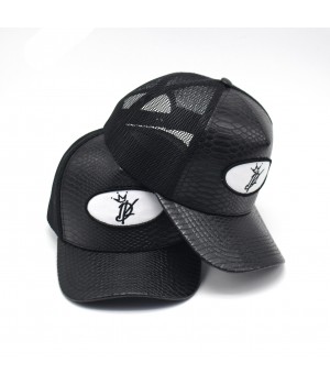 Wholesale Custom patch embroidery logo black PU snake leather and mesh curved brim 5 panel trucker hat