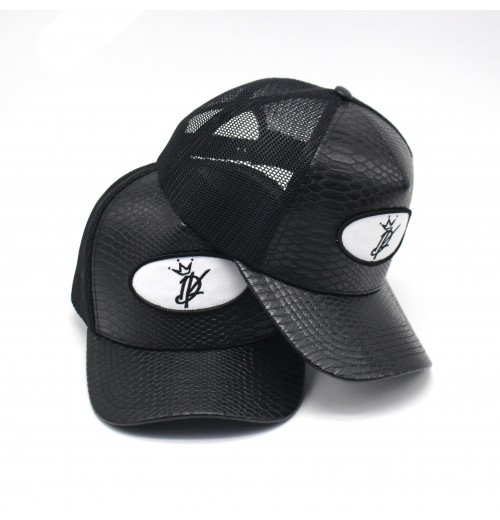 Wholesale Custom patch embroidery logo black PU snake leather and mesh curved brim 5 panel trucker hat Wholesale Custom patch embroidery logo black PU snake leather and mesh curved brim 5 panel trucker hat